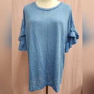 Coverstitched Ruffle Trim Short Sleeve Crew Neck Criss Cross Back Top-(Large)